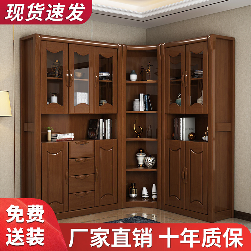 Solid wood bookcase bookshelf floor-to-ceiling combination two-door three-door with drawer student bookcase simple with glass door corner cabinet