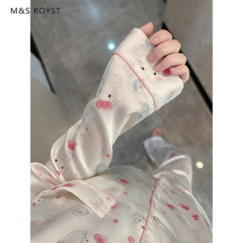 Victorian Style Silk Pajamas for Women 2026 New Autumn Cute Cat Silk Long-Sleeved Home Clothes Three-Piece Set
