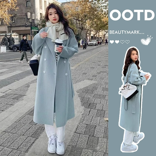 Синее шерстяное пальто, длинная демисезонная куртка, 2025 года, подходит для подростков, увеличенная толщина