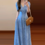 Синяя летняя приталенная длинная юбка, корсет, яркий броский стиль, изысканный стиль