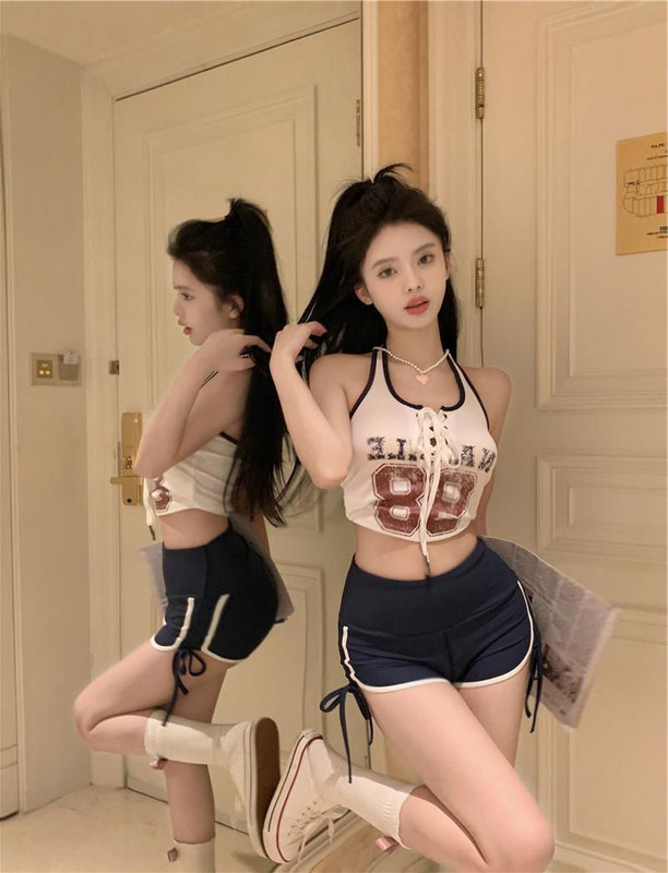 Summer Color-Blocked Tie-Up Printed Letter Halter Neck Camisole Outerwear Set Slimming Drawstring Casual Shorts for Women