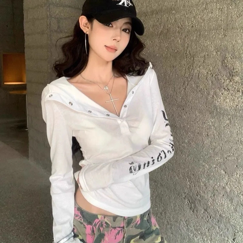 American Style Spicy Girl Hooded Niche Print Long-Sleeve T-Shirt for Women, New Autumn Slim-Fit Versatile Blouse Top