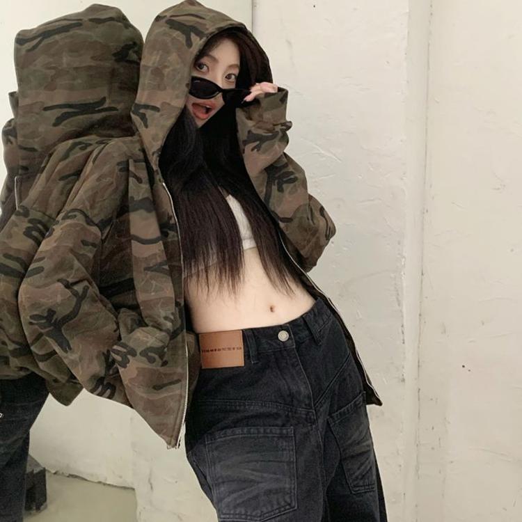 American Retro Style Camouflage Hooded Sweatshirt for Women Autum 2024 New Casual Versatile Loose Slimming Zipper Jacket
