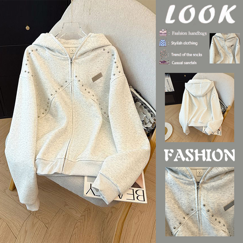 Original Stock Clearance from the Store~ Rivet Hooded Cardigan Sweatshirt for Women, Autumn and Winter, Niche Loose Zipper Jacket