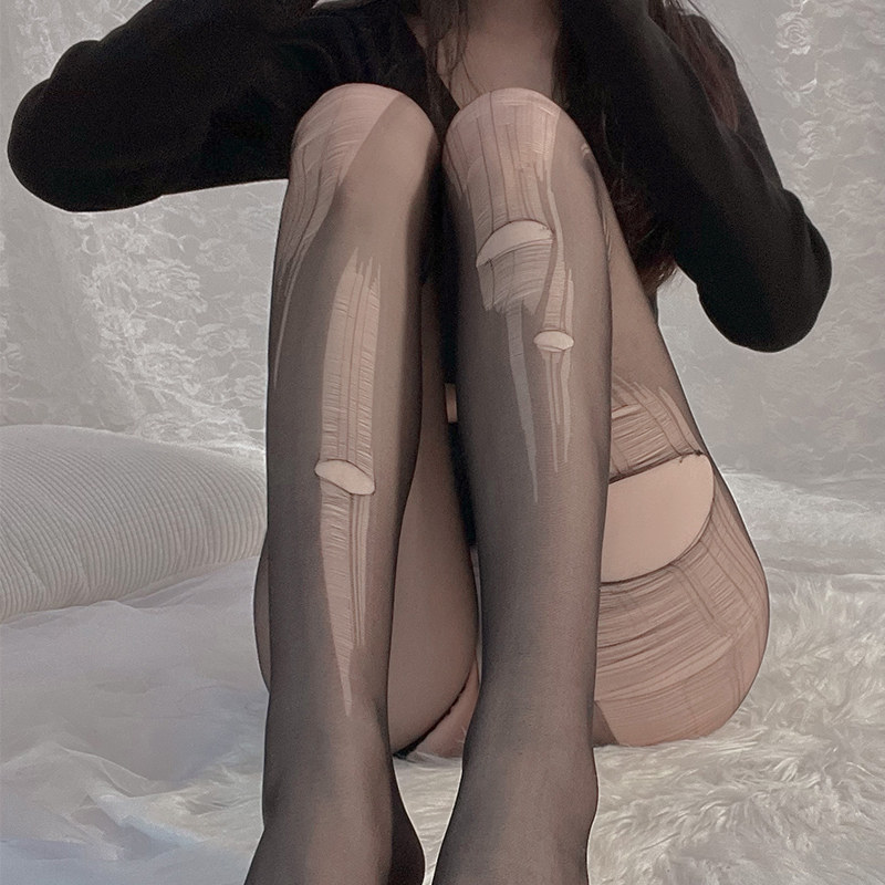 Sexy hand-tearable stockings women's black sexy fun hole ultra-thin easy to tear pantyhose flesh-colored open file free
