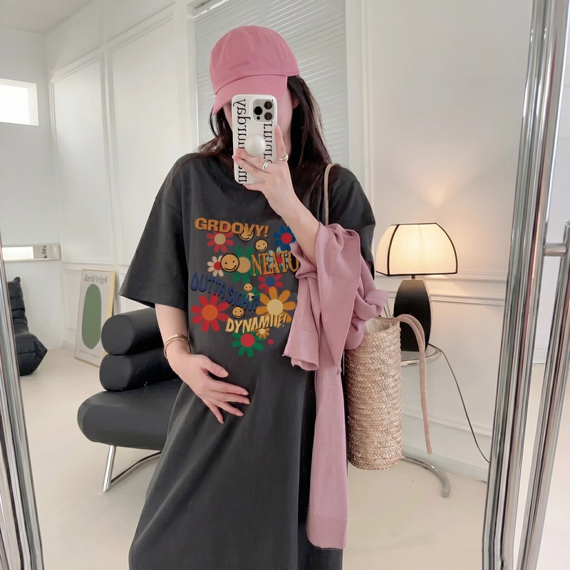 Pure Cotton Maternity Dress 2026 New Style Dark Gray Loose Short-Sleeved T-Shirt Dress Late Pregnancy Belly-Covering Knee-Length Dress Pure Cotton Maternity Dress 2026 New Style Dark Gray Loose Short-Sleeved T-Shirt Dress Late Pregnancy Belly-Covering Knee-Length Dress