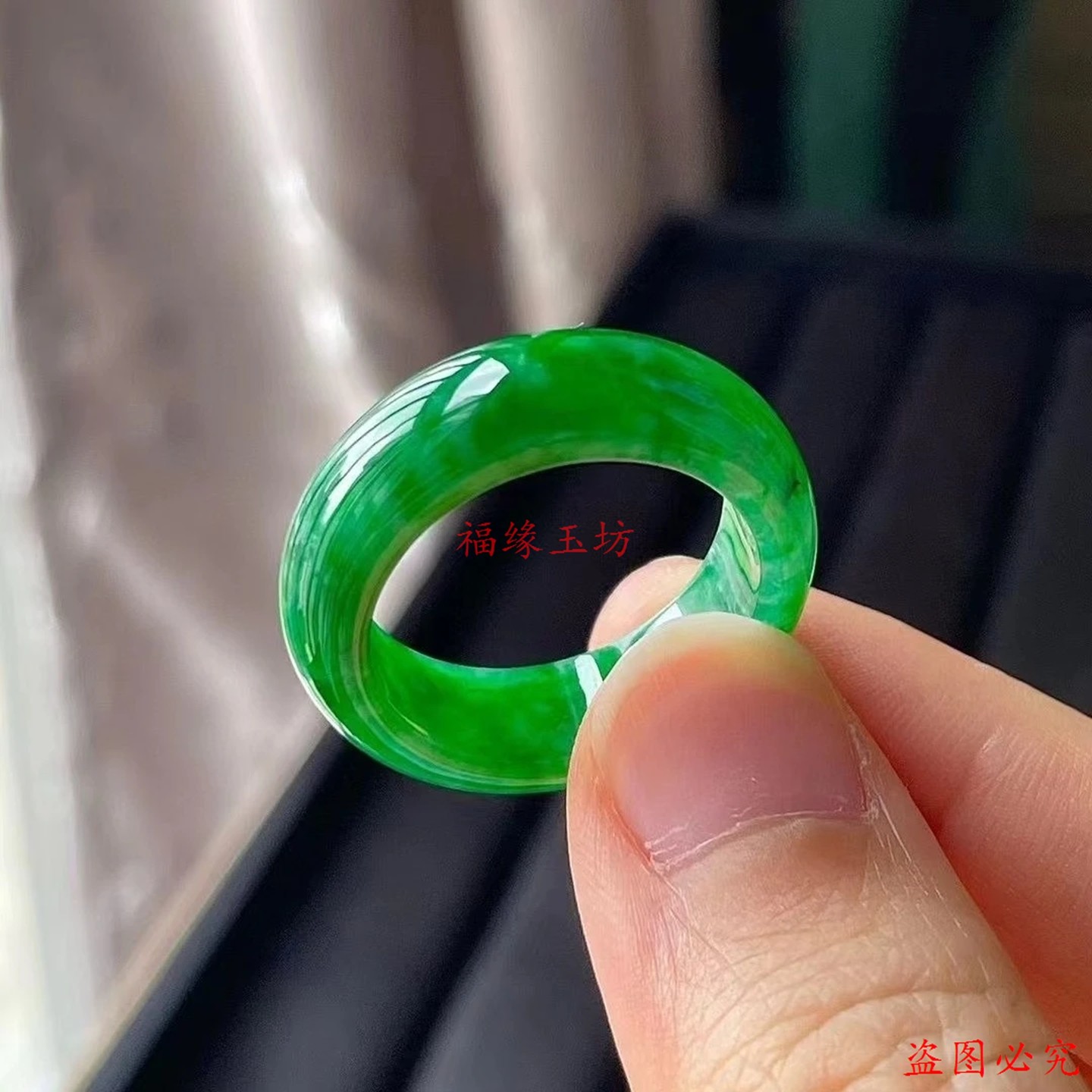 Burmese Laokeng Bingnuo full-color spicy green jade plain ring inner diameter men's and women's ring tail ring