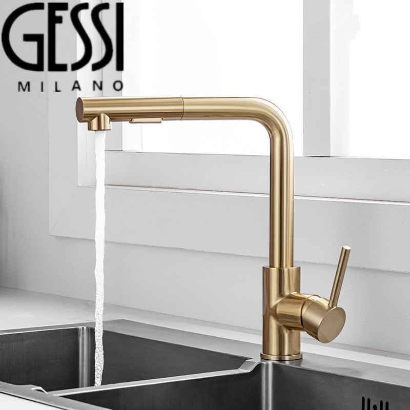 Italian Gessi Kitchen Faucet for Sink, Pull-Out Hot and Cold Water, Seven-Character Style, Gold Color Italian Gessi Kitchen Faucet for Sink, Pull-Out Hot and Cold Water, Seven-Character Style, Gold Color
