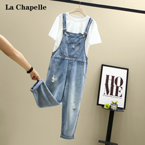 La Chapelle light-colored denim overalls womens age-reducing Western-style loose and thin hole spring and autumn nine-point jumpsuit