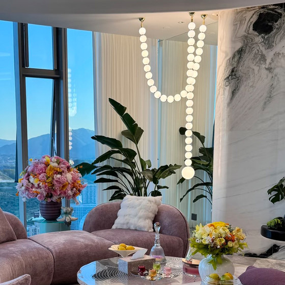 French-Style Duplex Staircase Chandelier, Cream-Style Dining Room Lamp, Designer Retro Pearl Necklace, Living Room Background Wall Lighting Fixtures