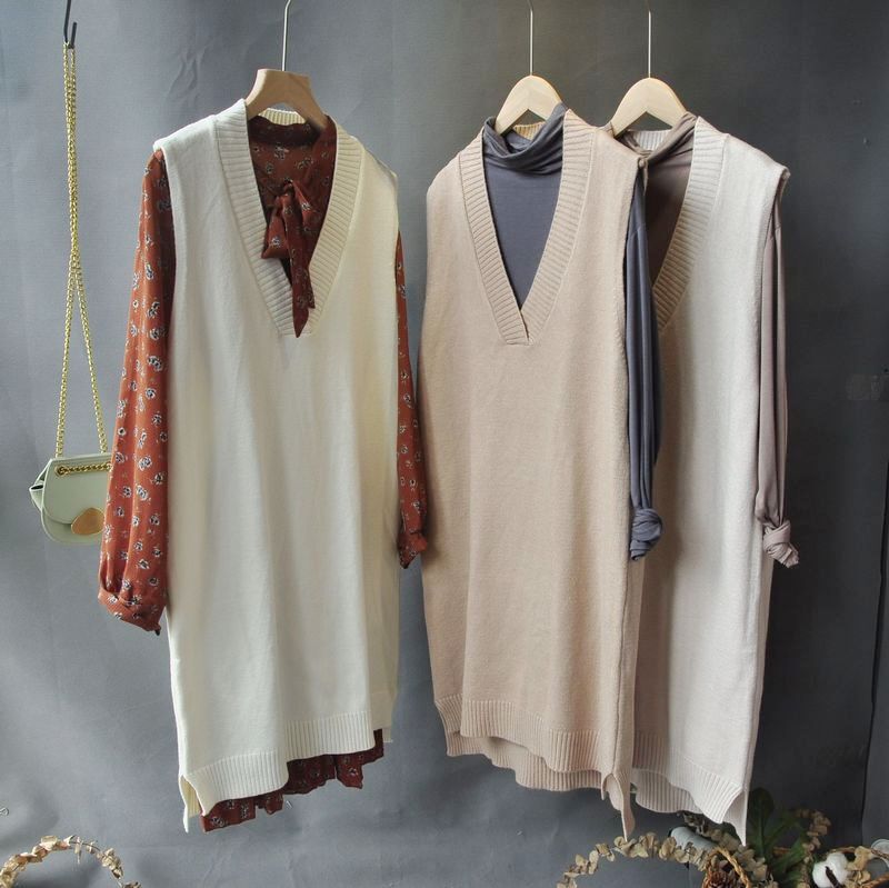 Korean Style Solid Color V-Neck Mid-Length Knitted Vest for Women, Autumn and Winter Loose Split Sweater Vest Dress, Knit Dress