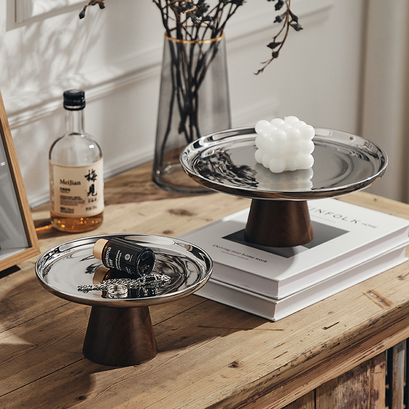 Scandinavian ins Accessible Luxury Ceramic Fruit Plate Silver Luxury Cake Tray Tall Acacia Wood Living Room Coffee Table Storage