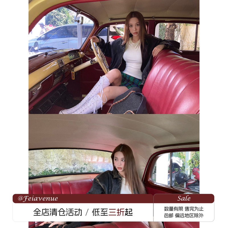 [in Stock Clearance] Fei Avenue Vintage Distressed Sheepskin Jacket Black Long-Sleeve Lapel Loose Jacket