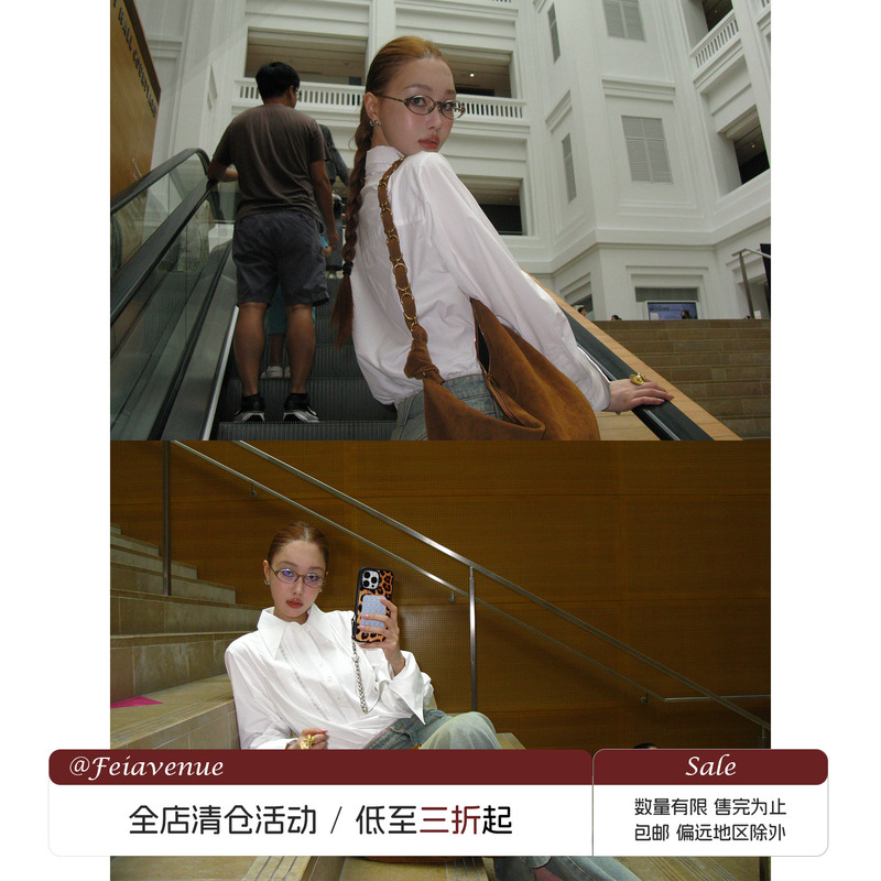 [in Stock Clearance] Fei Avenue White Lace Patchwork One-Piece Shirt with Half-Button Placket, Loose Long-Sleeve Top
