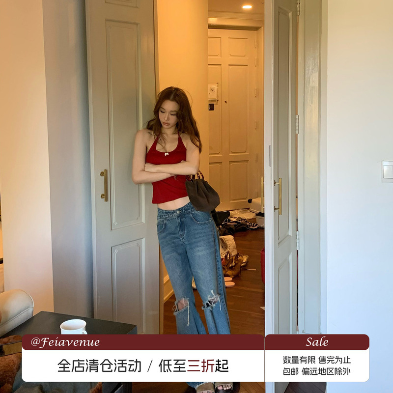 [In-Stock Clearance] Fei Avenue Blue Low-Rise Loose Straight-Leg Pants with V-Shaped Waistband and Whiskered Ripped Jeans