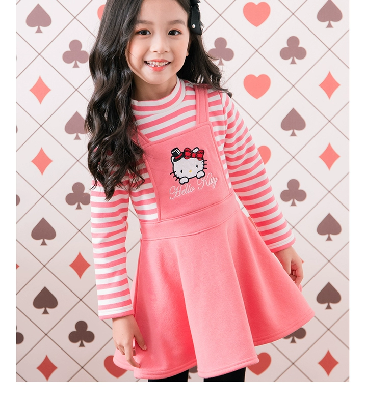 Quần áo mùa thu đông 2018 của Hellokitty dày mới cộng với dây đeo nhung cô gái đầm đầm chân váy bé gái