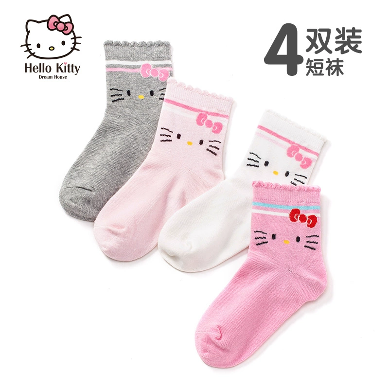 Quần áo trẻ em hellokitty Quần tất trẻ em trẻ em mùa xuân Quần áo mới đơn giản vừa và lớn Trẻ em vớ cotton ngắn 4 đôi - Vớ