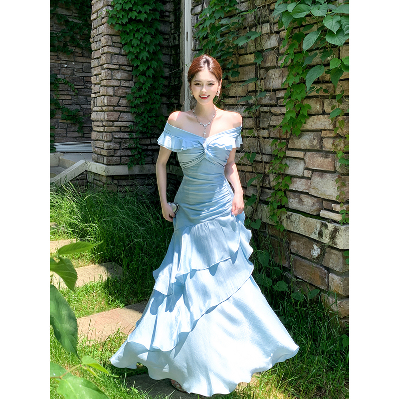 Gjfd【Bolton Manor】French-Style Blue Off-Shoulder Light Luxury Dress Niche Gown High-End Fishtail Dress Gjfd【Bolton Manor】French-Style Blue Off-Shoulder Light Luxury Dress Niche Gown High-End Fishtail Dress