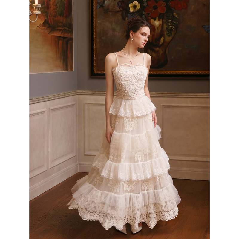 Gjfd【Oxygen Muse】French Lace Embroidery Stunning Dress Sleeveless Strap Fairy Heavy-Duty Tiered Dress Gjfd【Oxygen Muse】French Lace Embroidery Stunning Dress Sleeveless Strap Fairy Heavy-Duty Tiered Dress