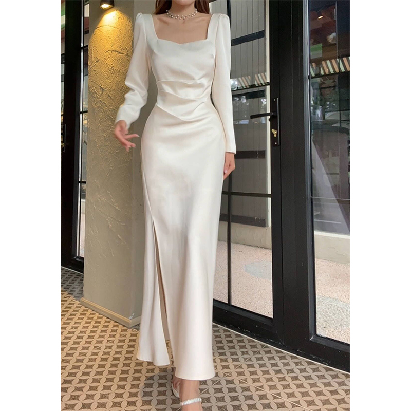 Good Job French-Style White Dress for Women, High-End and Elegant Long-Sleeved Engagement Dress, Satin Birthday Long Dress for Women