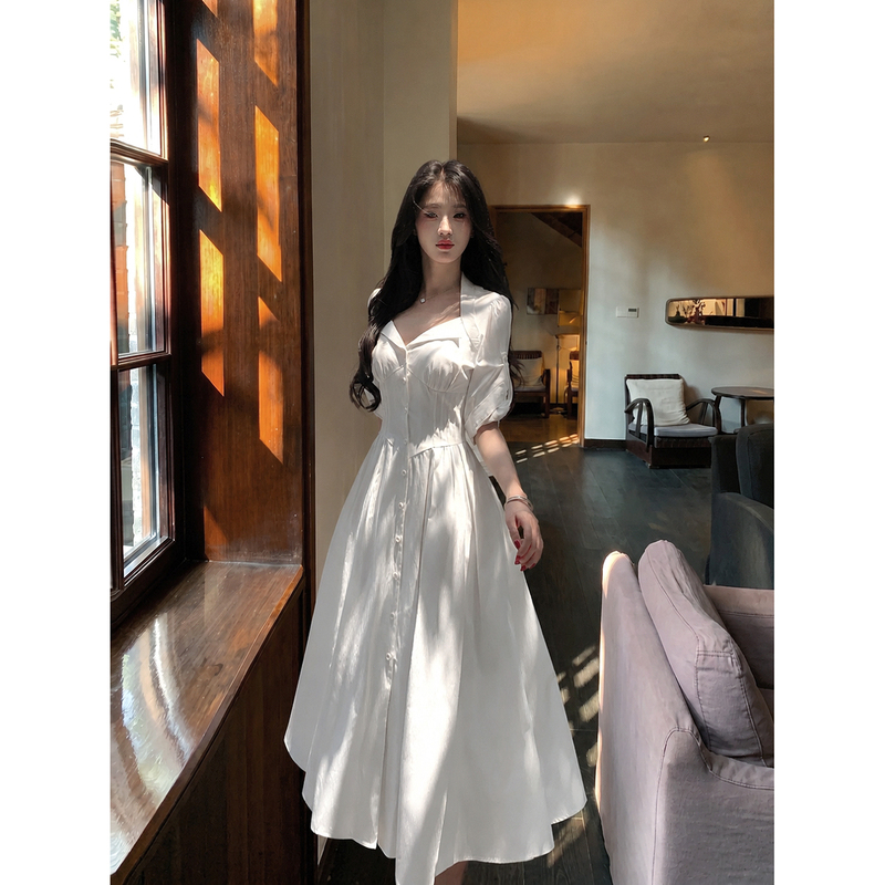 Gjfd【Star Mist White Gardenia】French-Style White Shirt Collar Mid-Sleeve Dress, Simple and Elegant, Waist-Cinching, Slimming Long Dress