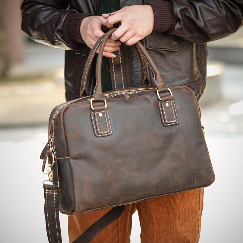 Mad horse skin retro leisure man bag Aramco Haki leather briefcase travel large capacity outdoor handbag