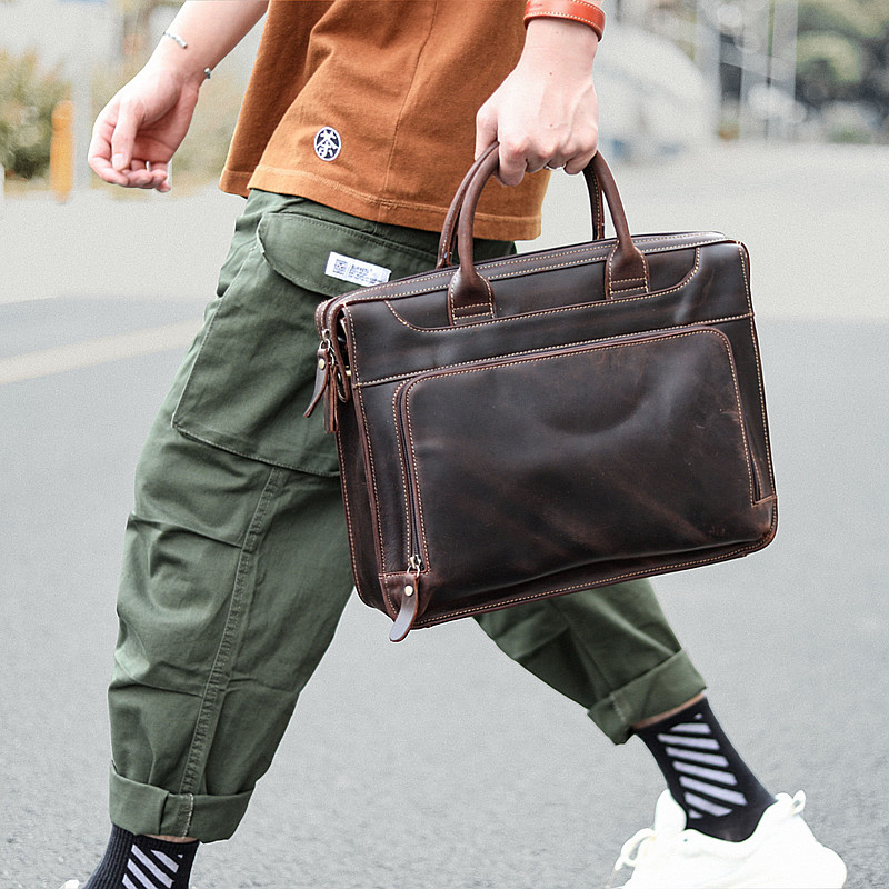 Mad horse retro business handbag leisure single shoulder bag man's skin handbag leather leather leather large capacity