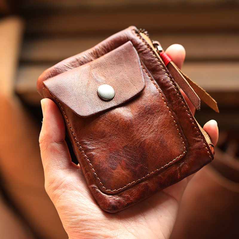 #TextureBreakout#Amei khaki retro old coin purse men's mini small vegetable tanned leather card bag women's small purse