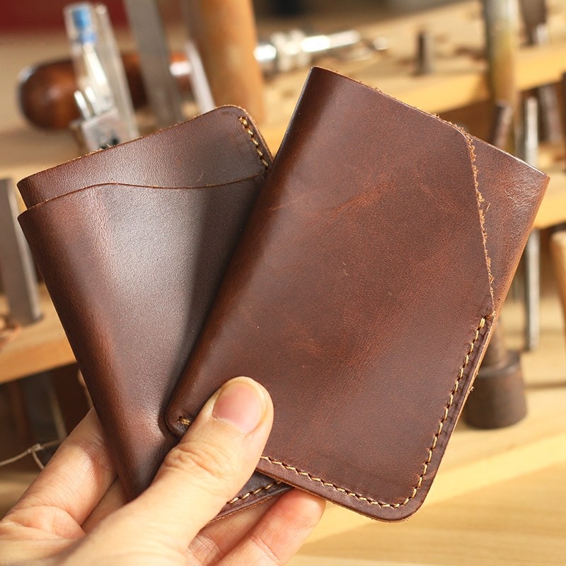 Handmade Leather Small Mini Card Holder Crazy Horse Leather Ultra-thin Document Holder Retro Men's Leather Card Holder Small Coin Purse