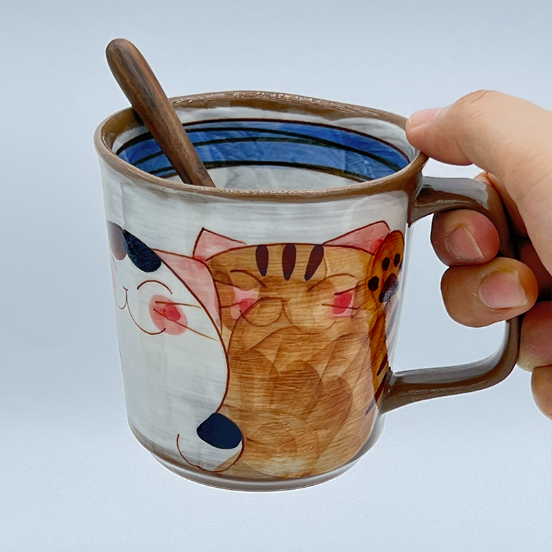 Spot Japan Import Pozzo See Burnt Cute Fu Cat Coarse Ceramic Mark Cup Hand Painted under Painted Coffee Cup
