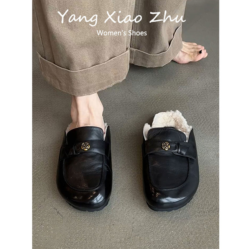 Sheepskin Version~ Retro Camellia Toe-Cap Birkenstock-Style Furry Shoes for Women 2026 New Thick-Soled Fleece-Lined Warm Half-Slippers