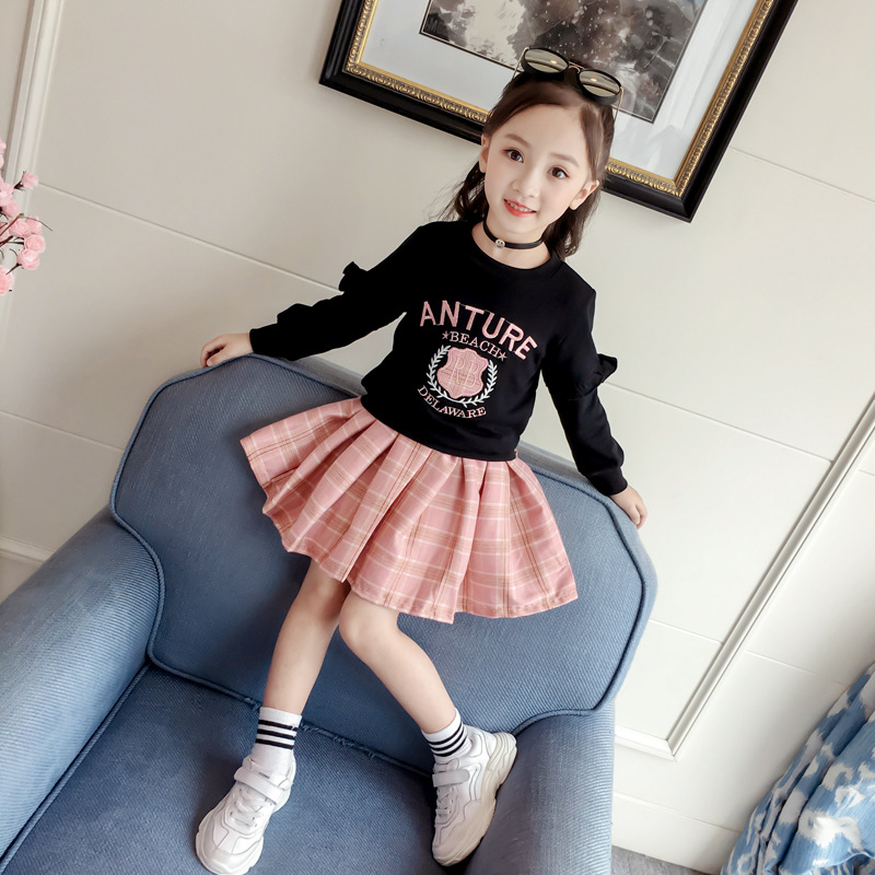 Bộ đồ bé gái mùa thu 2018 mới bé gái cotton dài tay áo thun áo len ngắn váy hai dây phiên bản Hàn Quốc của các em gái mặc thủy triều ao quan tre em