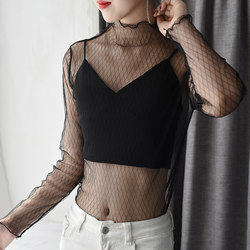 Famanwei Fishnet Lace Bottoming Shirt ເສື້ອຍືດແຂນຍາວຂອງແມ່ຍິງດູໃບໄມ້ລົ່ນແລະລະດູຫນາວ T-shirt ຕາຫນ່າງ Super Fairy Temperament ເທິງຕາຫນ່າງຂອງແມ່ຍິງ