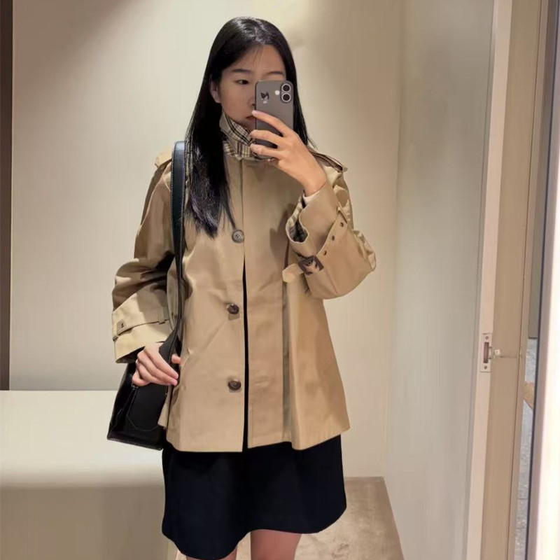 Japanese Style 2026 Autumn British Style Lapel Single-Breasted Plaid Detail Raglan Sleeve Short Trench Coat for Women Wyp Cos