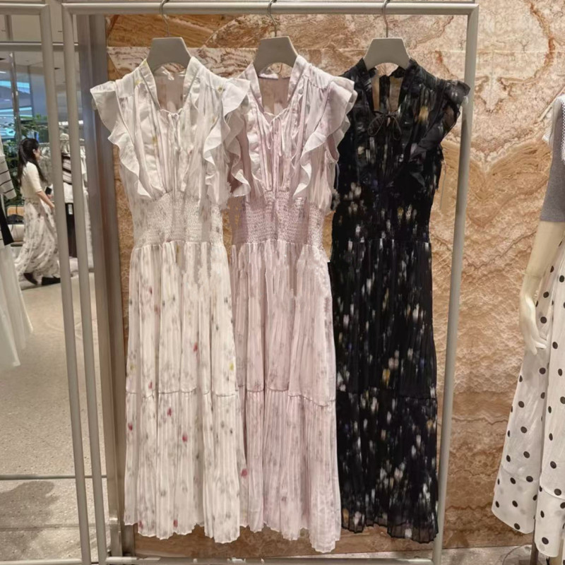 Japanese Style 2026 Summer New Product Bow-Tie Waist-Slimming Ruffled Small Flutter Sleeve Stand Collar Printed Pleated Dress for Women Japanese Style 2026 Summer New Product Bow-Tie Waist-Slimming Ruffled Small Flutter Sleeve Stand Collar Printed Pleated Dress for Women