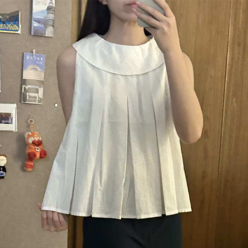 Japanese Style 2026 Summer New Product, Elegant Ruffle Doll Collar Pleated Belt Sleeveless Blouse Shirt for Women, Trendy Japanese Style 2026 Summer New Product, Elegant Ruffle Doll Collar Pleated Belt Sleeveless Blouse Shirt for Women, Trendy