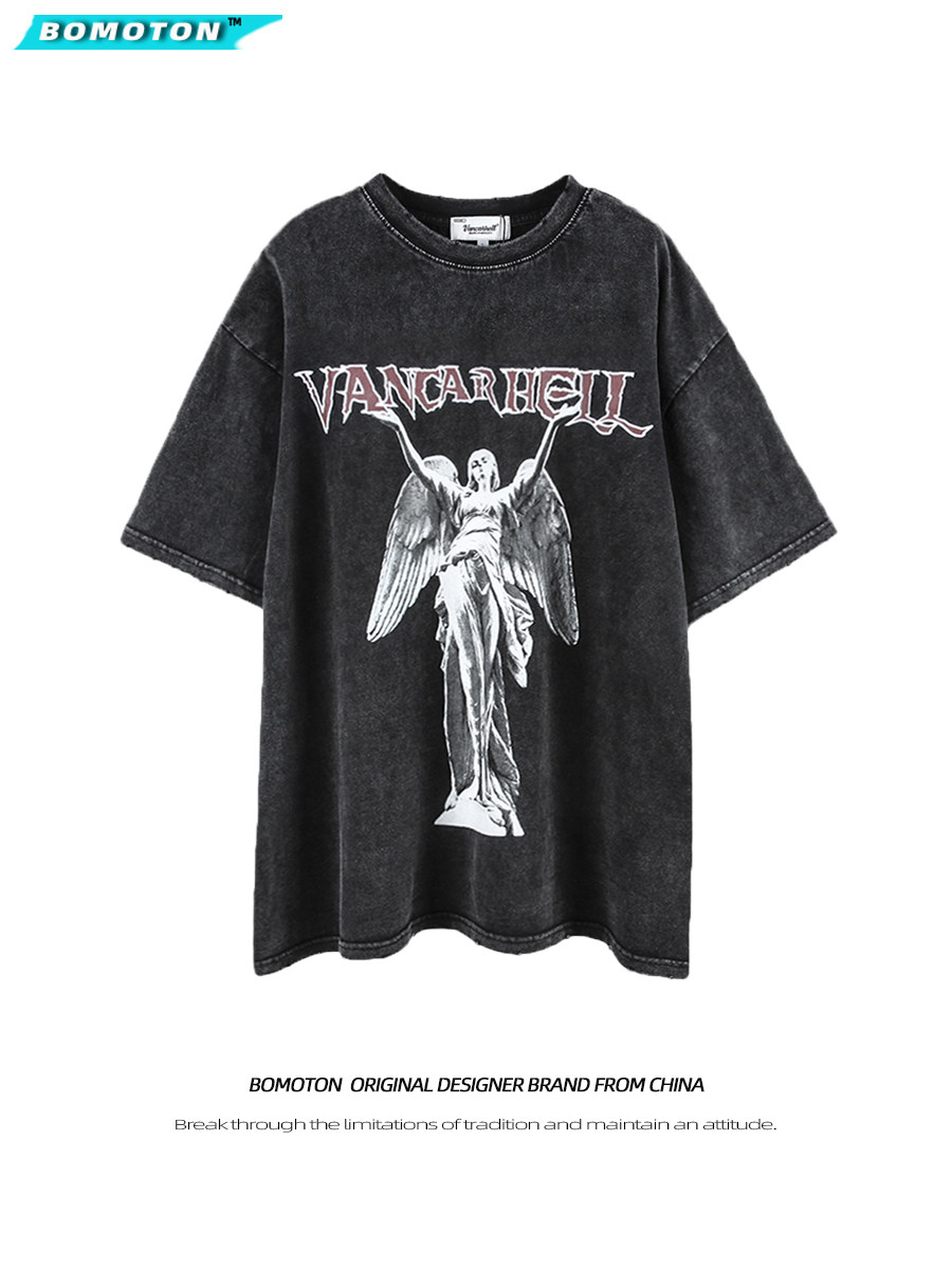 Tide brand European and American high street American retro heavy washed old short-sleeved T-shirt men's top clothes loose oversize