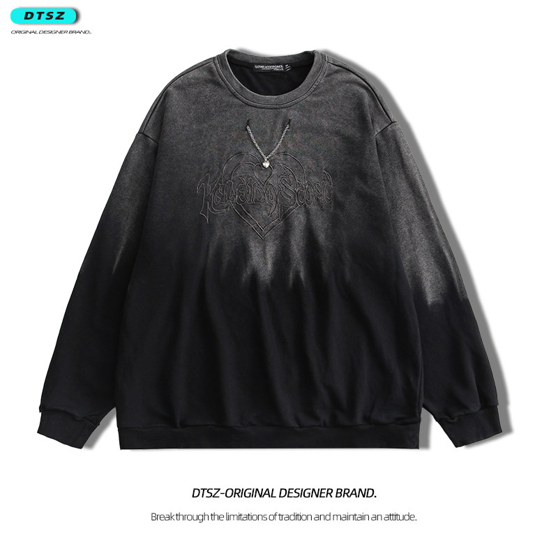 American round neck sweater men's gradient oversize trendy brand capless heavy long-sleeved t-shirt top autumn and winter advanced sense