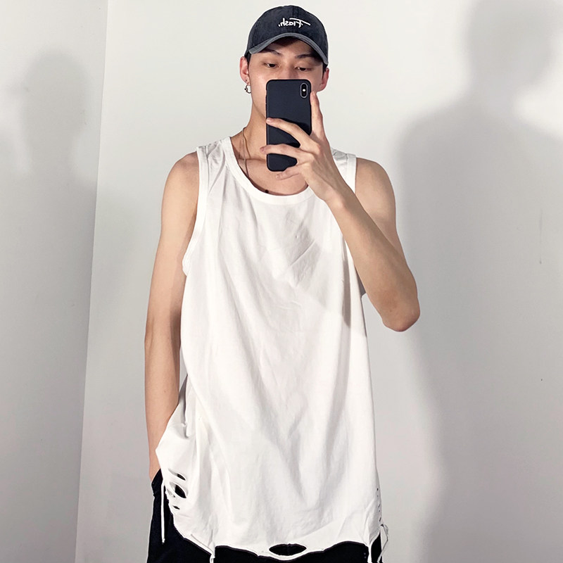 Big head president hole vest men's tide high street base loose white sleeveless T-shirt folded inside with a shoulder summer