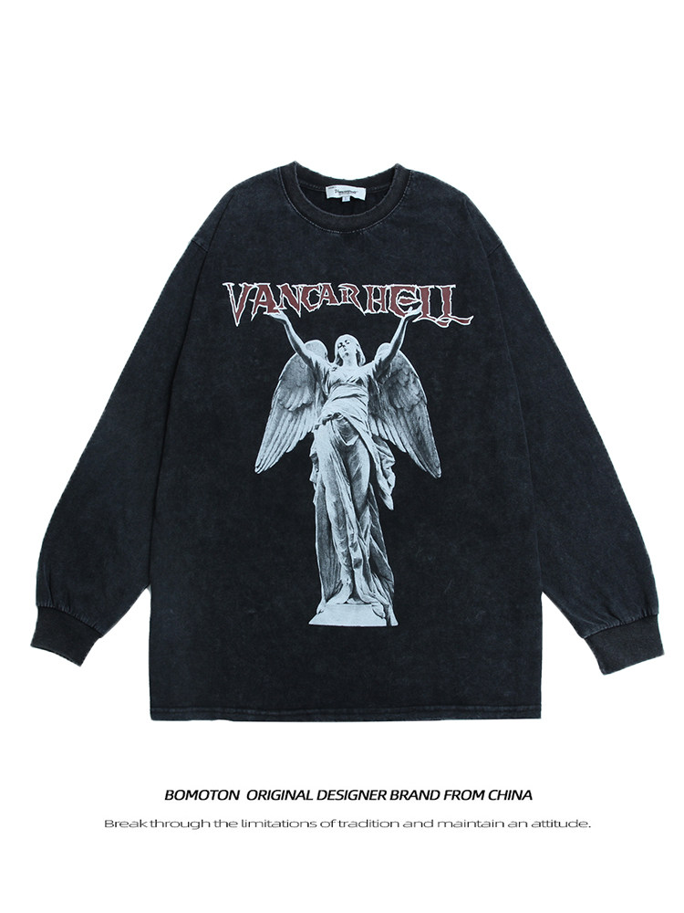 High Street Long Sleeve T-Shirt Hoodless Sweater Boys Round Neck National Tide American Retro Oversize Loose Tide Brand Autumn