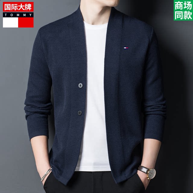 ແທ້ຈິງແລ້ວ Tommy Tommy 2024 Spring New Cardigan Men's Youth Loose Knitted V-Neck Cashmere Sweater Jacket