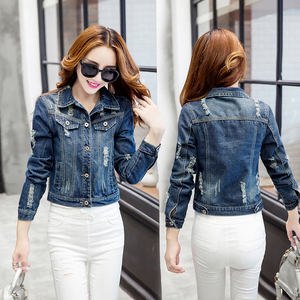 Shown thin short denim jacket long sleeved blouse big hole jacket 