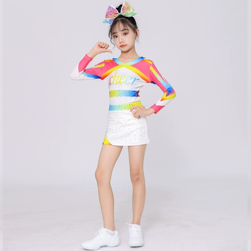 Красочная разделенная черлидирующая униформа для мужчин и женщин, универсальная одежда аэробики, многократная спортивная одежда для чирлидинга, соревновательная одежда для обучения, соревновательная одежда для детских черлидов.