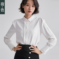 The color shirt womens long sleeve Autumn New retro Hong Kong flavor chiffon shirt white Korean version of foreign style design shirt