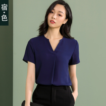 The color chiffon shirt womens short sleeve summer new V-neck Joker minimalist shirt retro temperament thin shirt