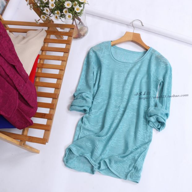 Áo dài tay lụa tinh khiết lụa cổ tròn rỗng lụa bên ngoài siêu mỏng mùa xuân hè thu đông áo len nữ hàng hiệu