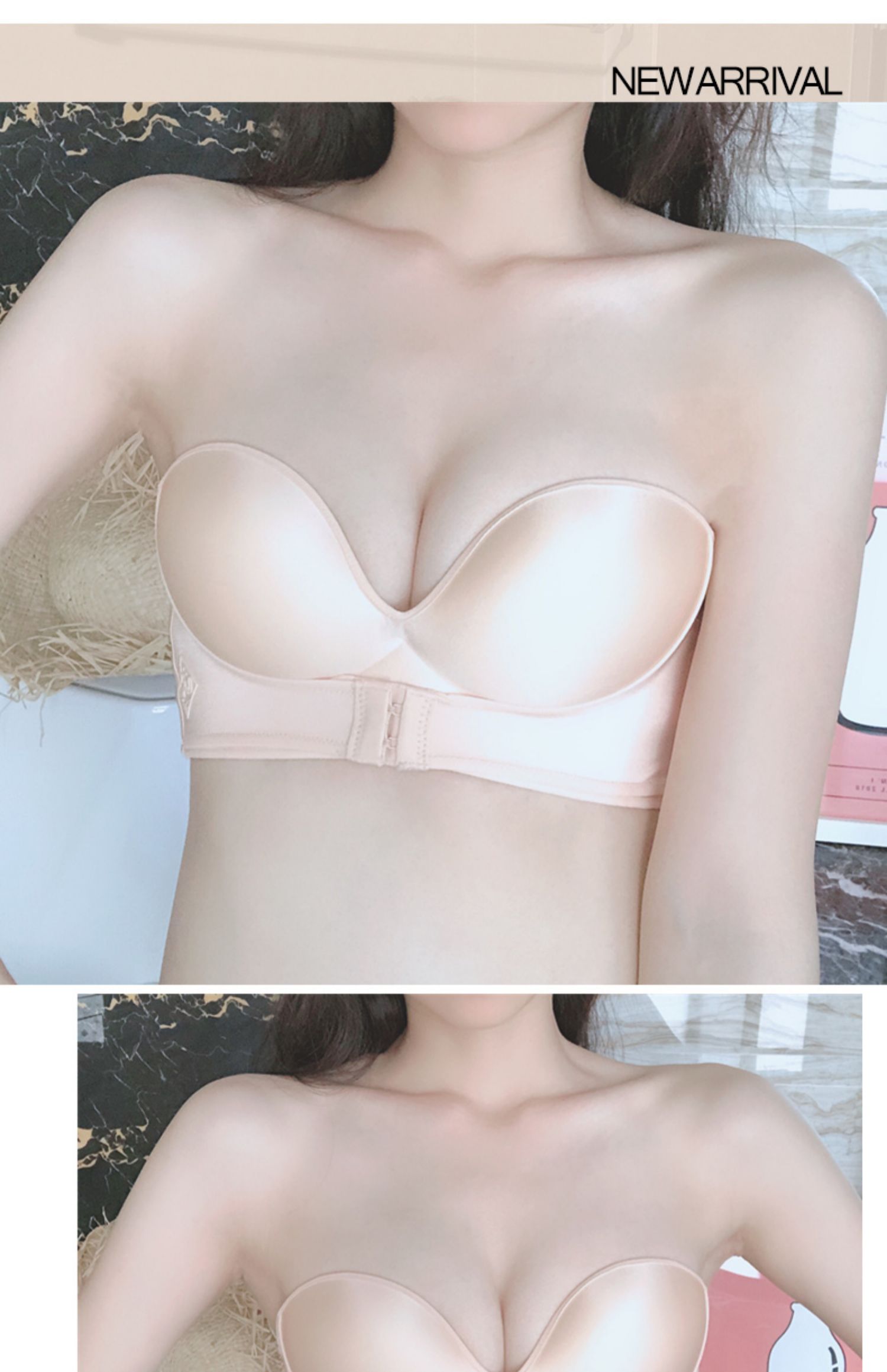 Đồ lót quây nữ chống trượt nhỏ ngực dày tập hợp áo ngực trên hỗ trợ không có vòng thép vô hình dán ngực một nửa vai - Áo ngực không dây đồ lót đẹp