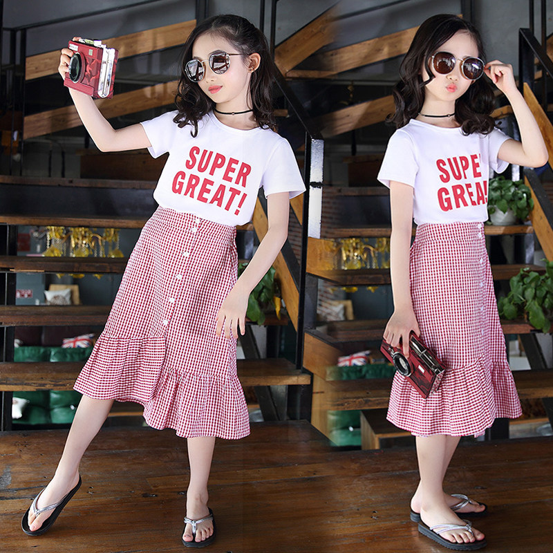 Girls net red suit 2022 new summer dress Western style children's short-sleeved net red plaid girl suit skirt two-piece suit