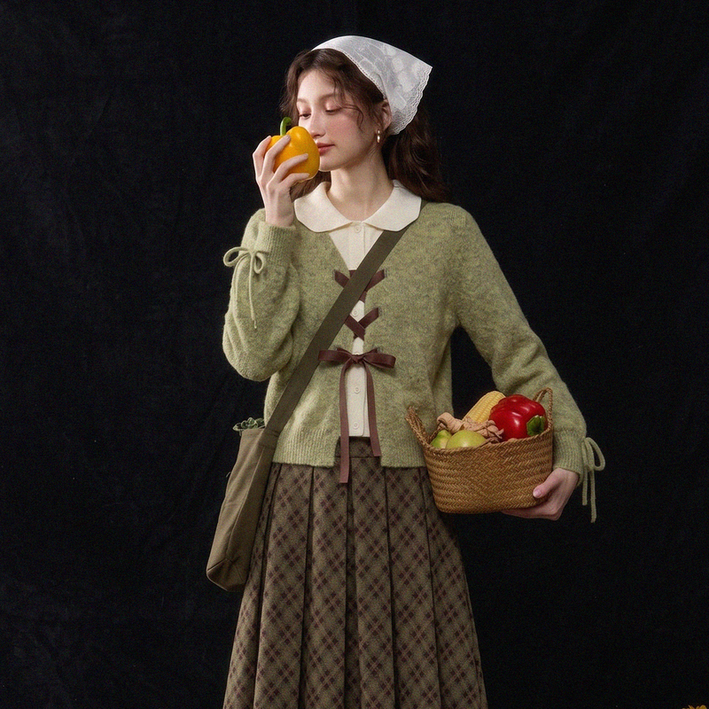 3inch Lotus [Fluffy Green Plum] Artistic Style Fake Two-Piece Bow Knit Cardigan Women's Polo Collar Tie Sweater