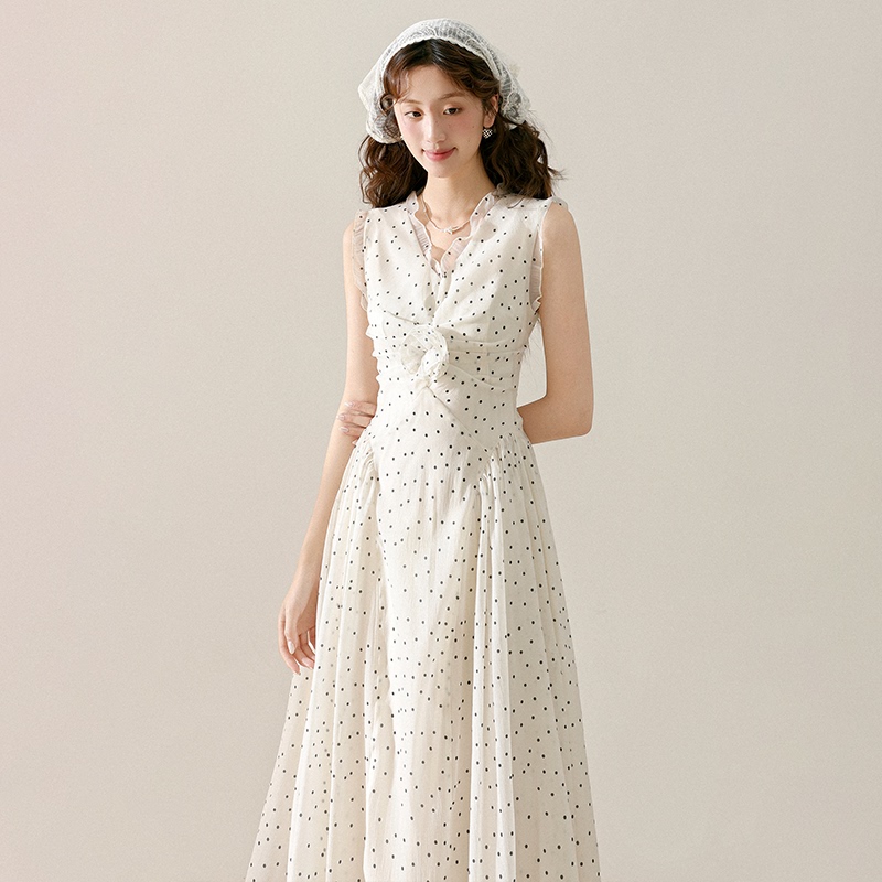 3inch Lotus [Paris Afternoon Tea] French Polka Dot Dress for Women with Ruffle Design, Trendy Summer Vacation Dress